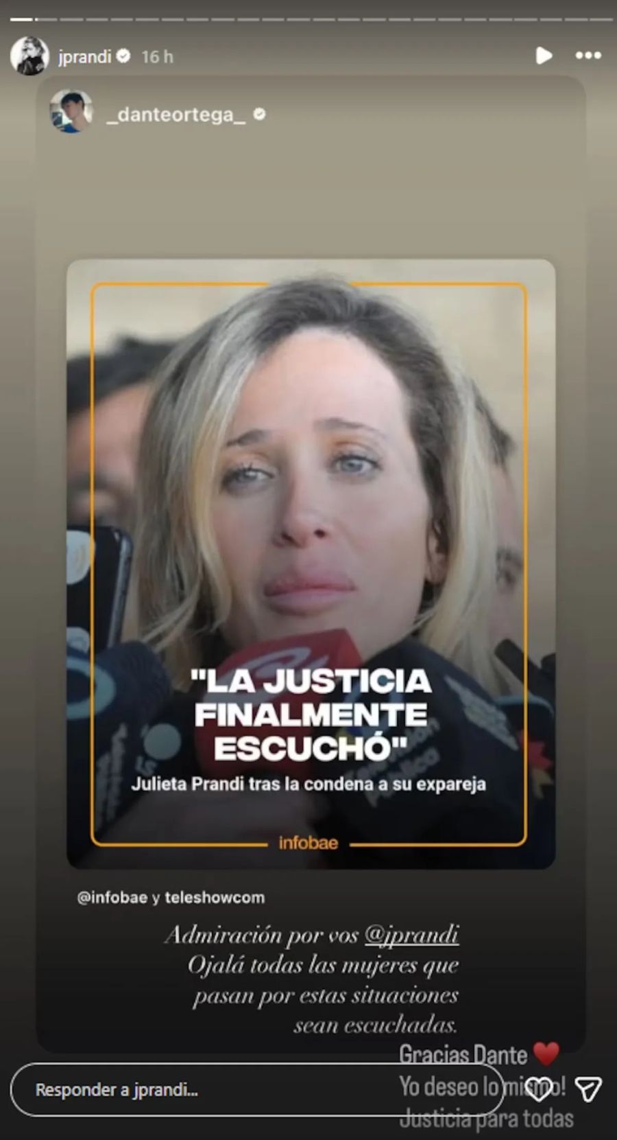 El emotivo mensaje de apoyo de Dante Ortega a Julieta Prandi tras la condena a Contardi: 