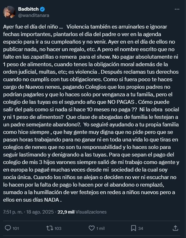 Descargo Wanda Nara contra Mauro Icardi por el Dia del Niño