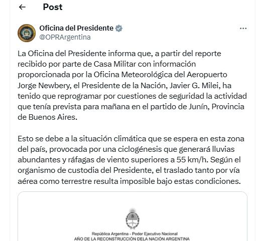 Milei suspendió el acto en Junín por el mal clima