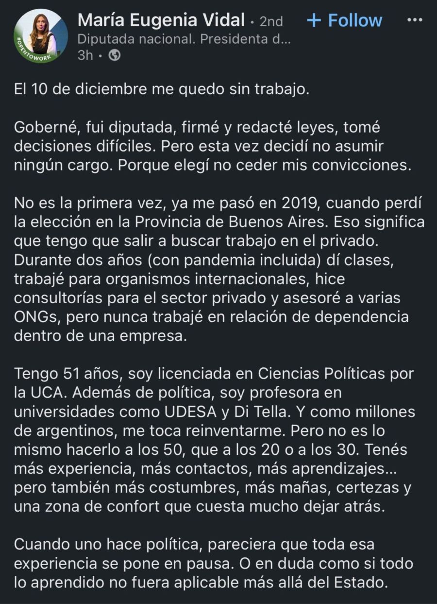 Afuera de las listas, María Eugenia Vidal salió a buscar empleo en Linkedin