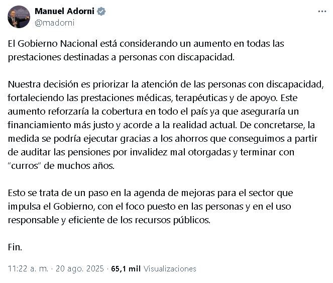 Manuel Adorni comunicó que el Gobierno evalúa aumentar las prestaciones de discapacidad