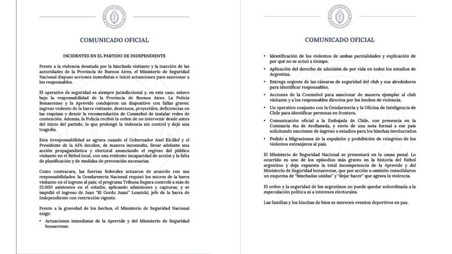 Comunicado del Ministerio de Seguridad Nacional sobre los incidentes en el partido de Independiente y Universidad de Chile