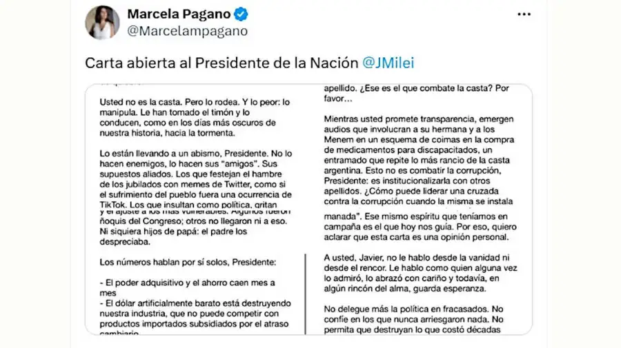 Explosiva carta de Marcela Pagano a Javier Milei 20250821