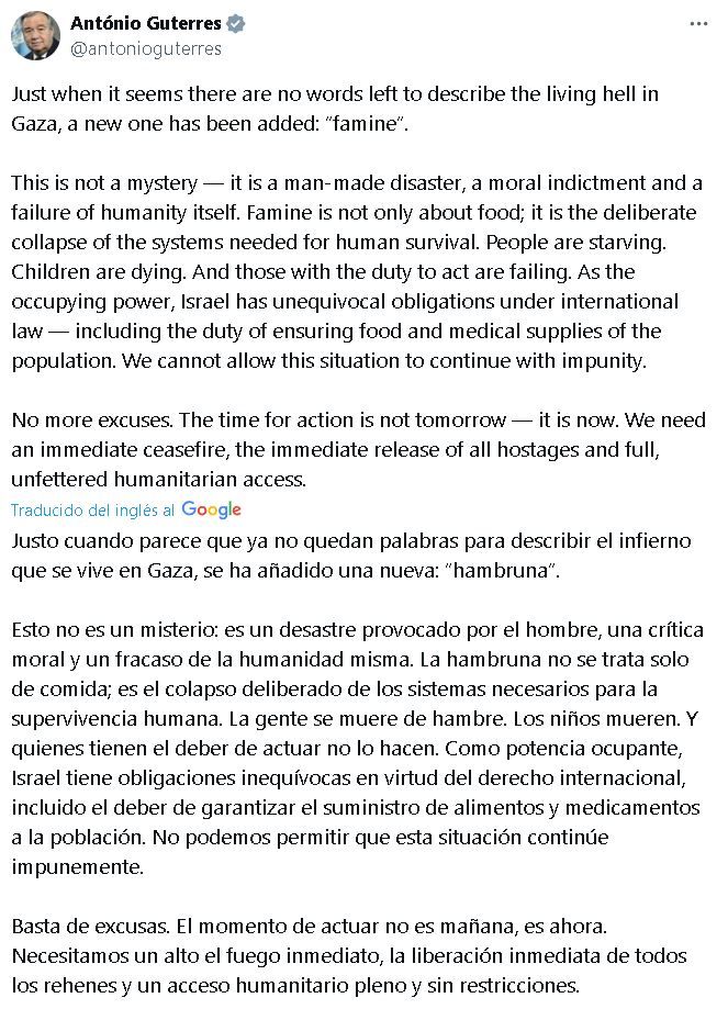 El secretario general de la ONU, António Gutierres, anuncia la hambruna en Gaza