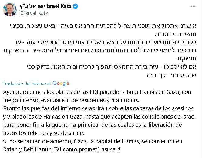 Israel Katz aseguró que las puertas del infierno se abrirán en Gaza