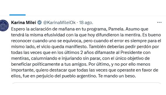 El último posteo de Karina Milei, el 18 de agosto: no habló todavía de los audios de Spagnuolo.