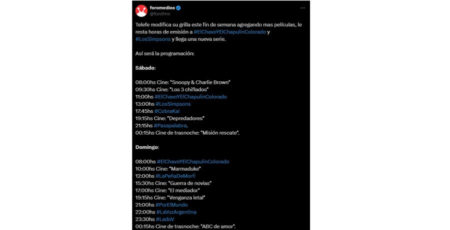 La grilla de Telefe para los fines de semana