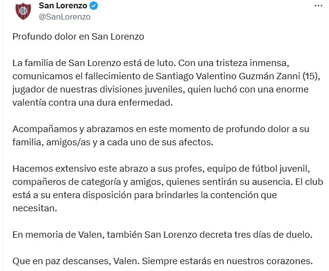San lorenzo comunicado fallecimiento juvenil