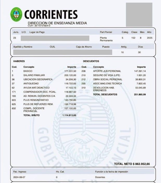 El sueldo de un preceptor con 15 años de antigüedad.