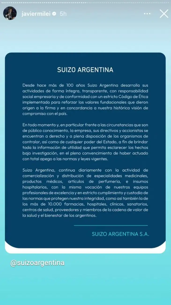 Javier Milei compartió la defensa de la Suizo Argentina por el escándalo de ANDIS