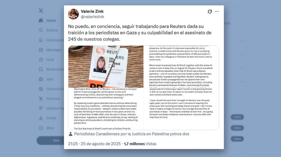 La fotoperiodista Valerie Zink renunció públicamente a la agencia de noticias Reuters. 26082025