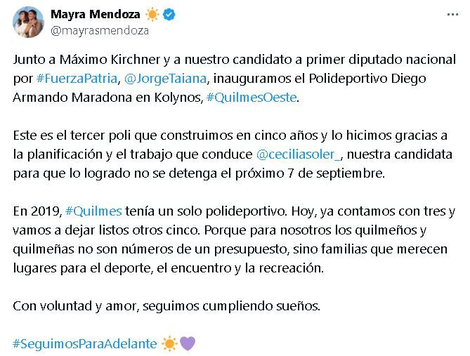 Tuit Mayra Mendoza inauguración polideportivo Diego Armando Maradona