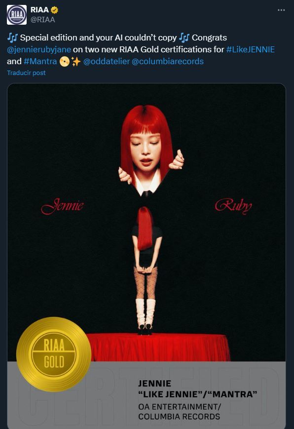 Jennie triple Certificación de Oro en Estados Unidos