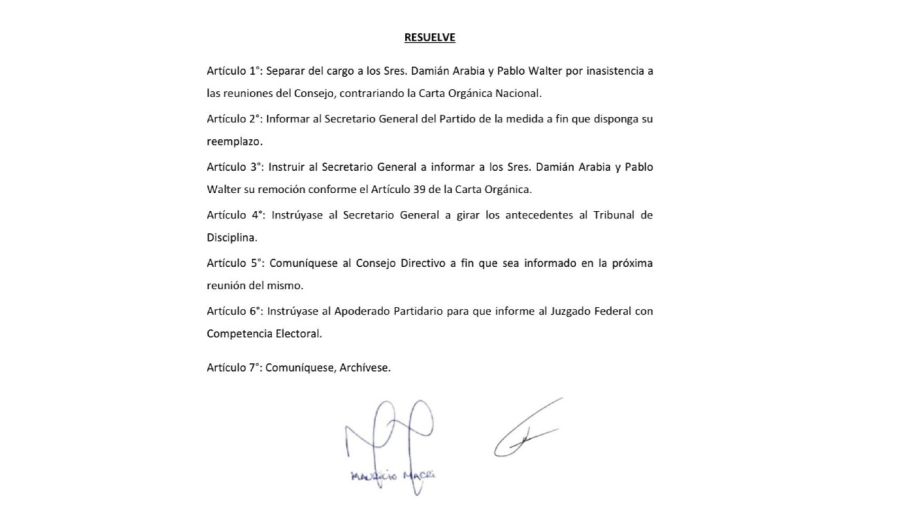 20250830 La carta de expulsión de Damián Arabia del PRO