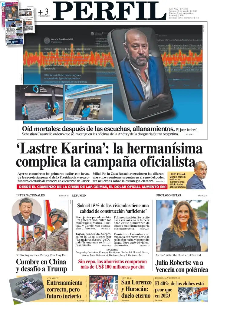 La tapa del Diario PERFIL del sábado 30 de agosto de 2025