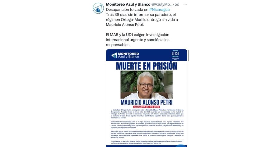 Daniel Ortega: denuncian la muerte del opositor Carlos Cárdenas Zepeda bajo custodia