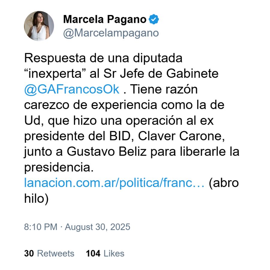 Tuit de Marcela Pagano contra Guillermo Franco 1