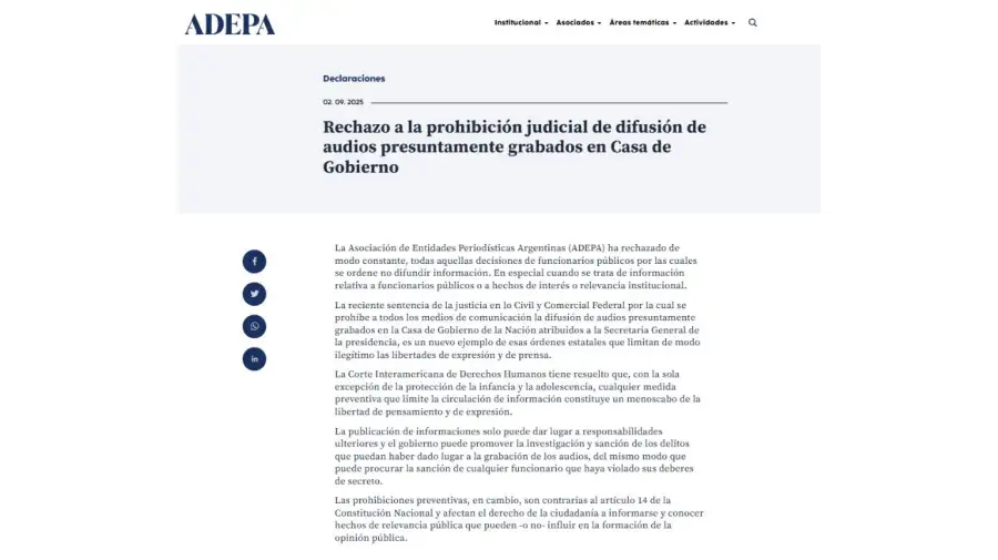 Adepa rechazó el fallo que impide la difusión de audios atribuidos a Karina Milei