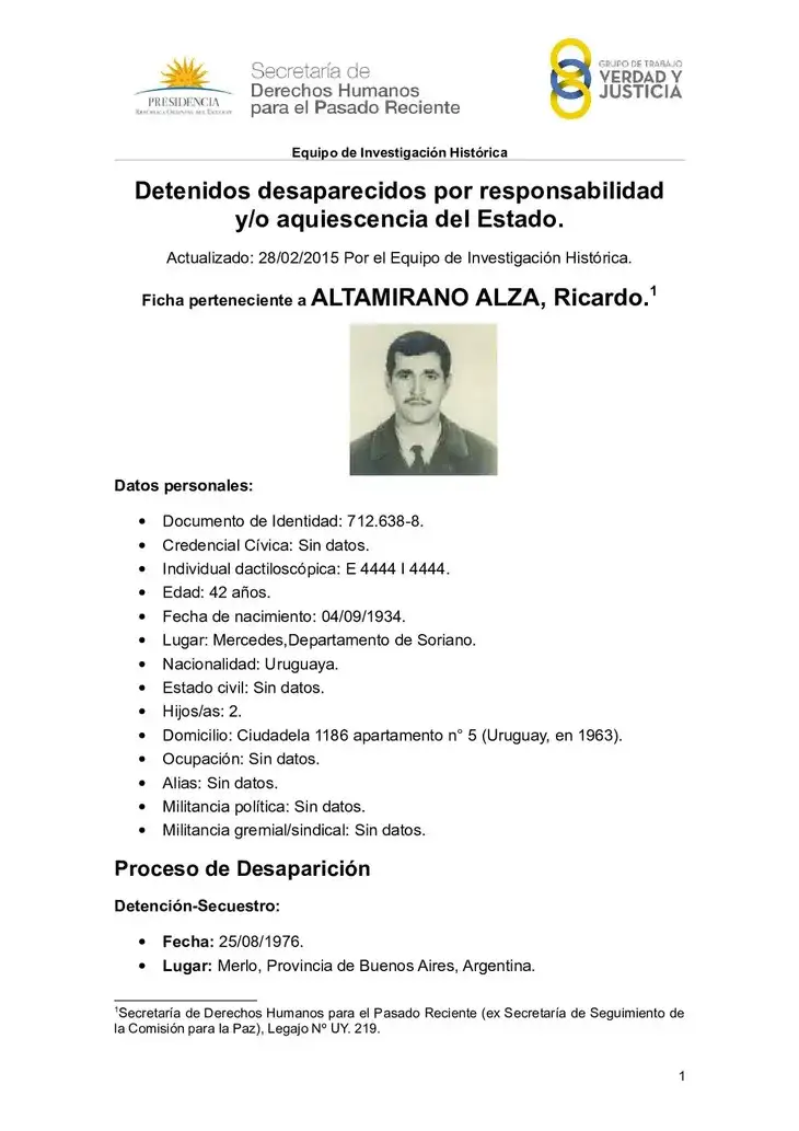 Información de Ricardo Altamirano Alza, desaparecido en 1976 por la última dictadura cívico militar argentina