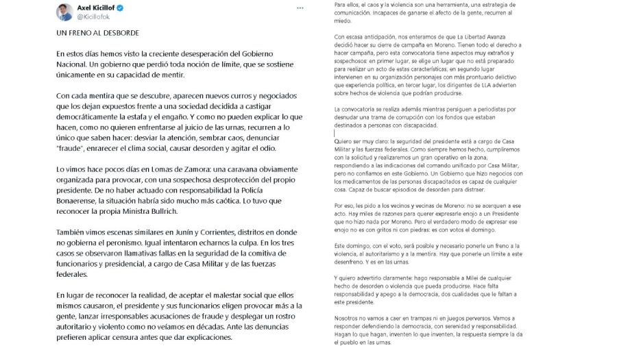 Axel Kicillof hace responsable a Javier Milei de cualquier tipo de violencia que pueda ocurrir en el acto de campaña en Moreno
