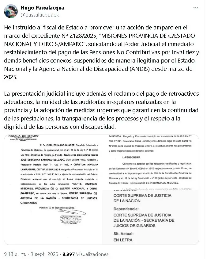 Hugo Passalacqua solicitó al Poder Judicial misionero el restablecimiento del pago de las Pensiones No Contributivas por Invalidez