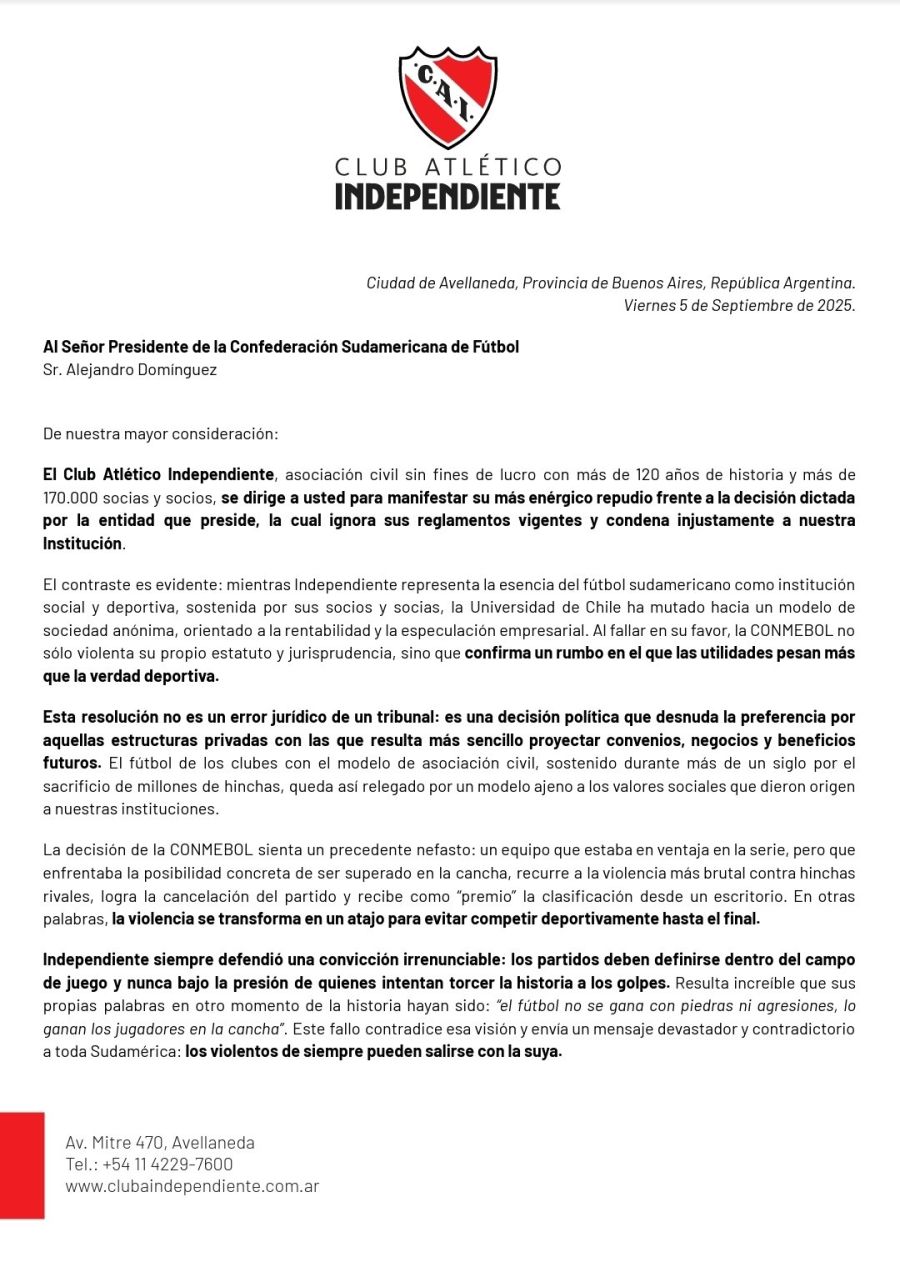 Comunicado Independiente a Conmebol - P1