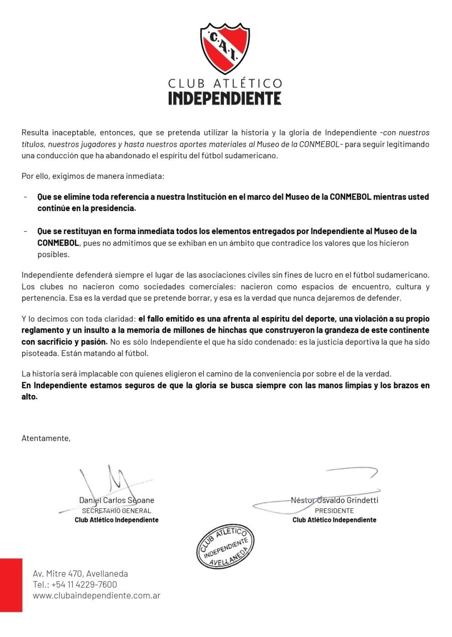 Comunicado Independiente a Conmebol - P2