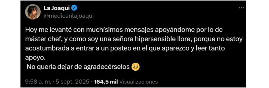 La Joaqui sobre su participación en Masterchef Celebrity