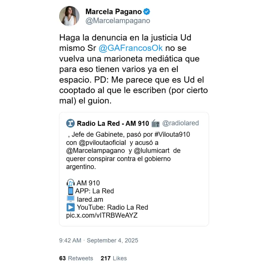 Posteo de Marcela Pagano contra Guillermo Francos
