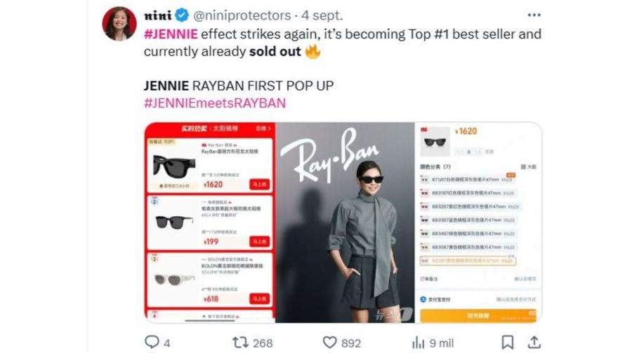 Jennie hace sold out de los lentes Ray Ban que usó