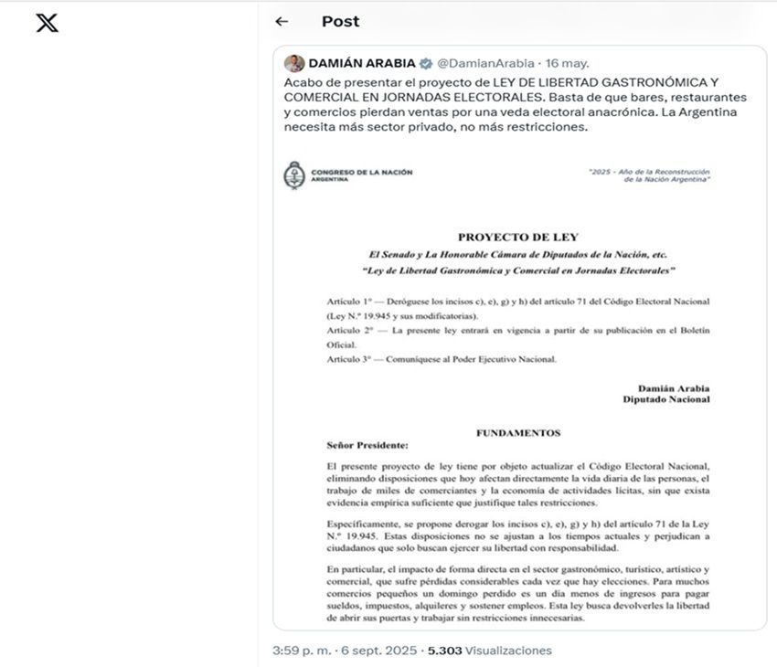 Tuit del diputado nacional, Damián Arabia