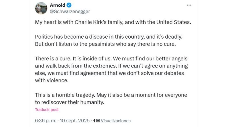 Mensaje de Arnold Schwarzenegger tras el asesinatro de Charlie Kirk