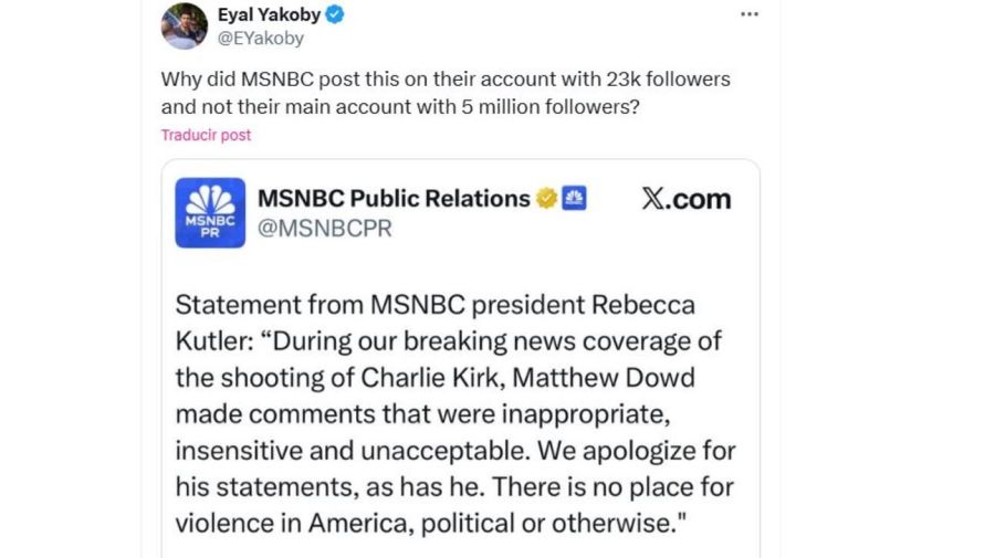 Pedido disculpas de la cadena MSNBC por comentarios sobre el asesinato de Charlie Kirk