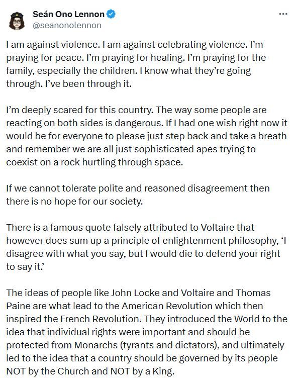 Doloroso mensaje de Seann Lennon por la muerte de Charlie Kirk