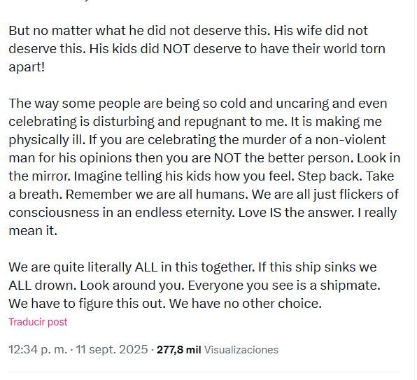 Doloroso mensaje de Seann Lennon por la muerte de Charlie Kirk