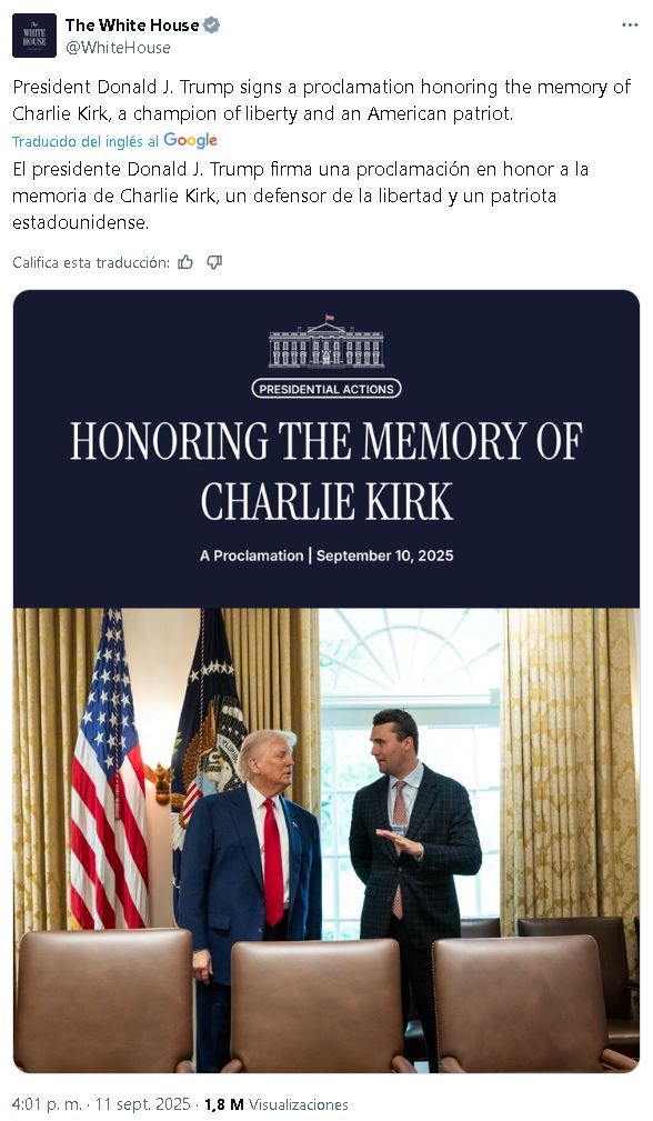 Donald Trump firmó una proclamación en honor a la memoria de Charlie Kirk