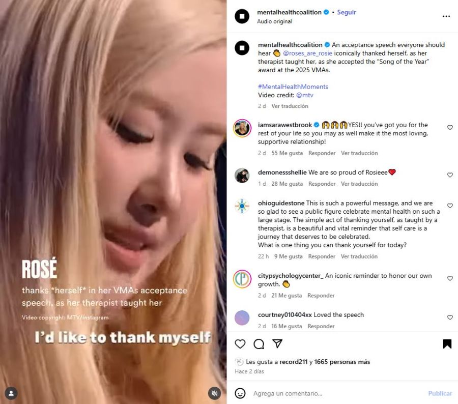 El mensaje de la Coalición para la Salud Mental elogiando el discuros de Rosé en los MTV VMAs 2025