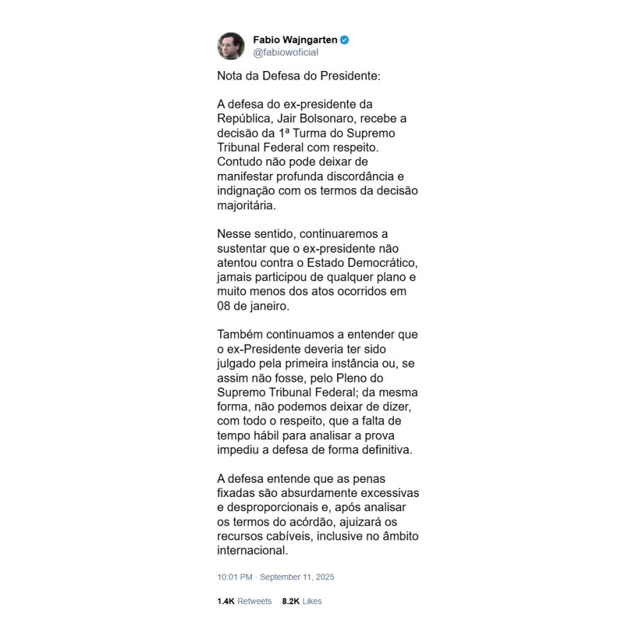 Nota de los abogados de Bolsonaro diciendo que apelarán la condena en su contra