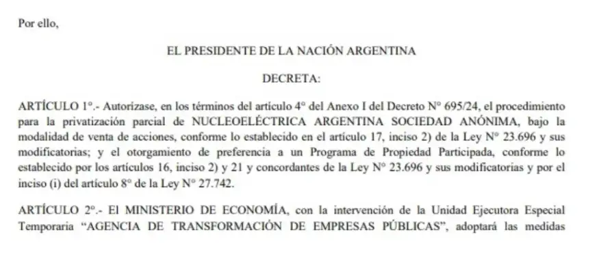 El Gobierno tiene listo el decreto para privatizar el 49% de Nucleoeléctrica Argentina
