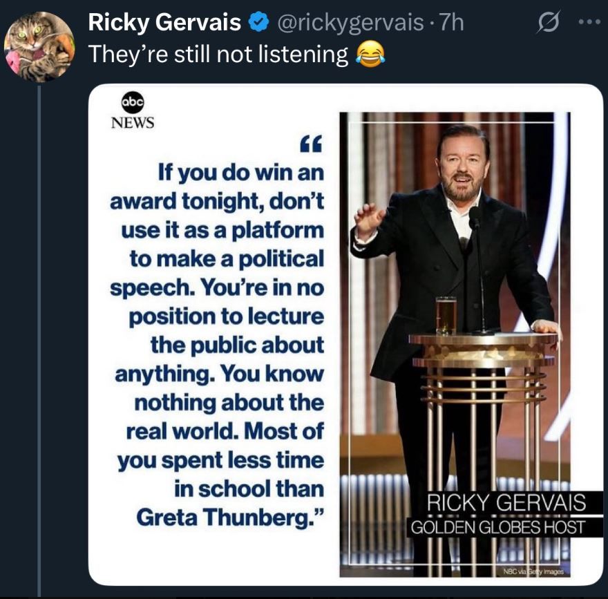 Ricky Gervais monologo contra los famosos hablando de politica