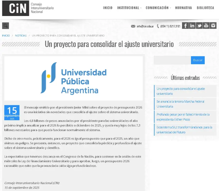 Comunicado del Consejo Interuniversitario Nacional respecto al Presupuesto 2026 presentado por Javier Milei