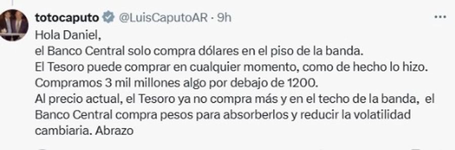 Posteo de Luis Caputo sobre la compra de dólares del tesoro.