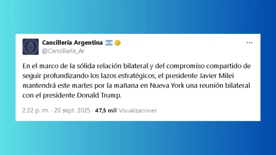 Cancillería informa que Javier Milei tendrá una reunión bilateral con Donald Trump