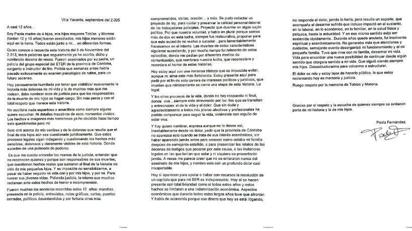 Carta de la madre Paola Fernández