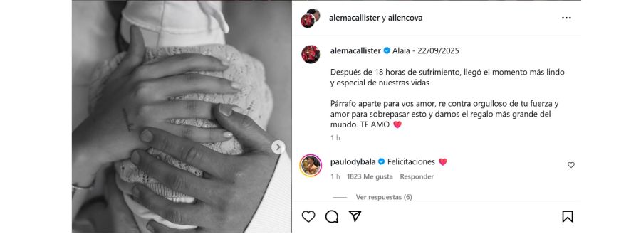 Nació Alaia, la hija de Alex Mac Allister y Ailén Cova