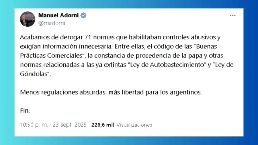 Manuel Adorni informó la derogación de 71 resoluciones y disposiciones que regulaban comercio e industria