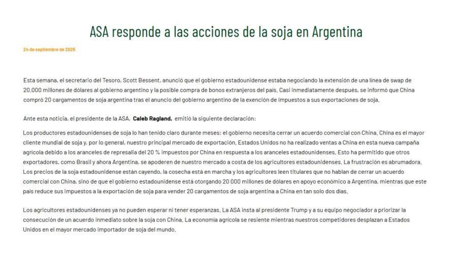 ASA responde a las acciones de la soja en Argentina 25092025