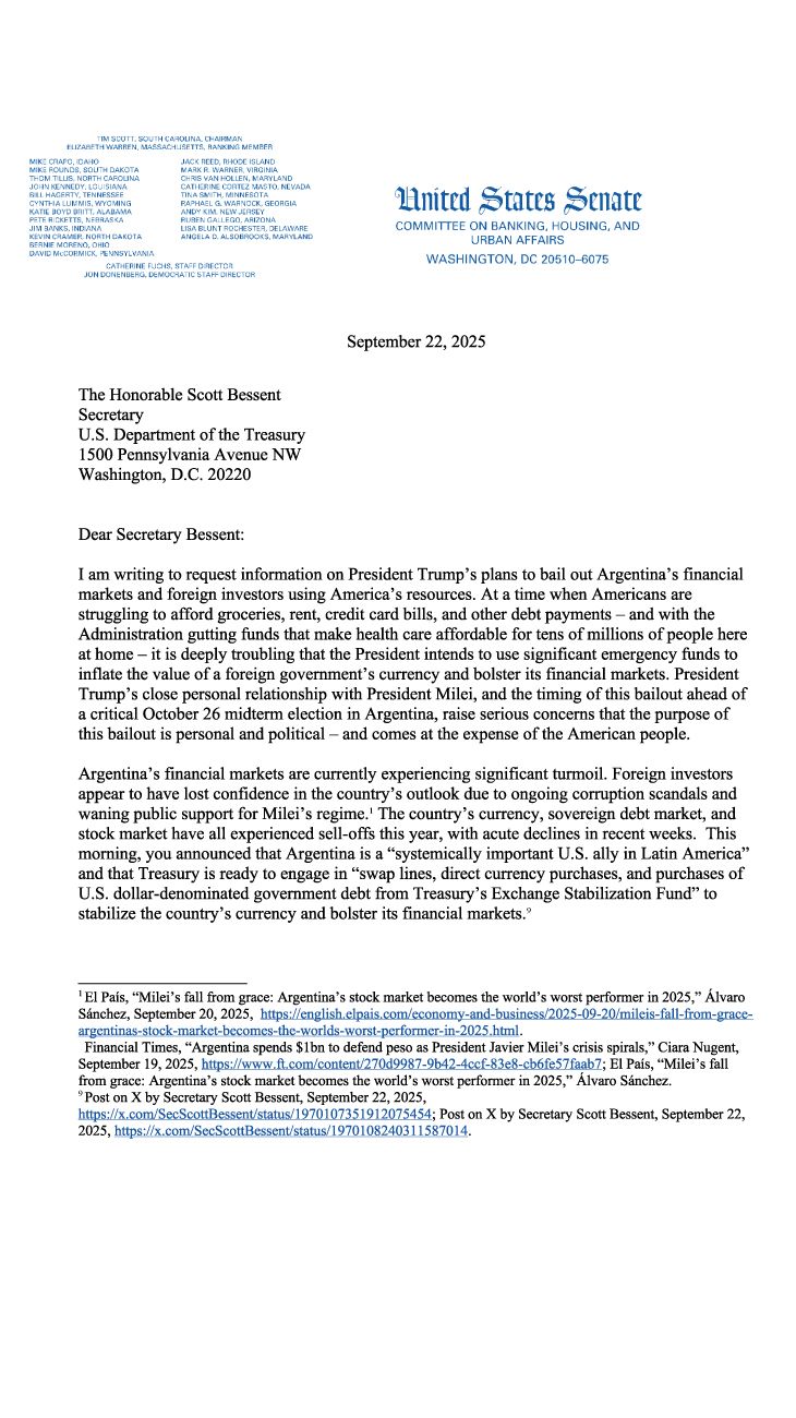 Warren letter to Bessent on Argentina 26092025