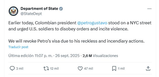 El posteo del Departamento de Estado anticipando que se revocaría la visa del presidente colombiano Gustavo Petro.