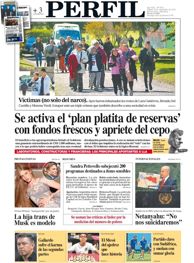 La tapa de Diario PERFIL del sábado 27 de septiembre de 2025